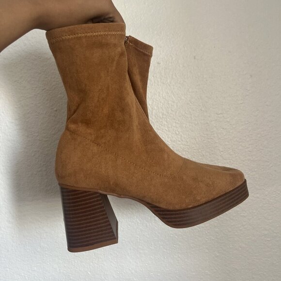 Sugar Shoes - Sugar Faux Suede Cognac Soft Upper Fabric High Ankle Boots WOMEN'S SIZE: 6